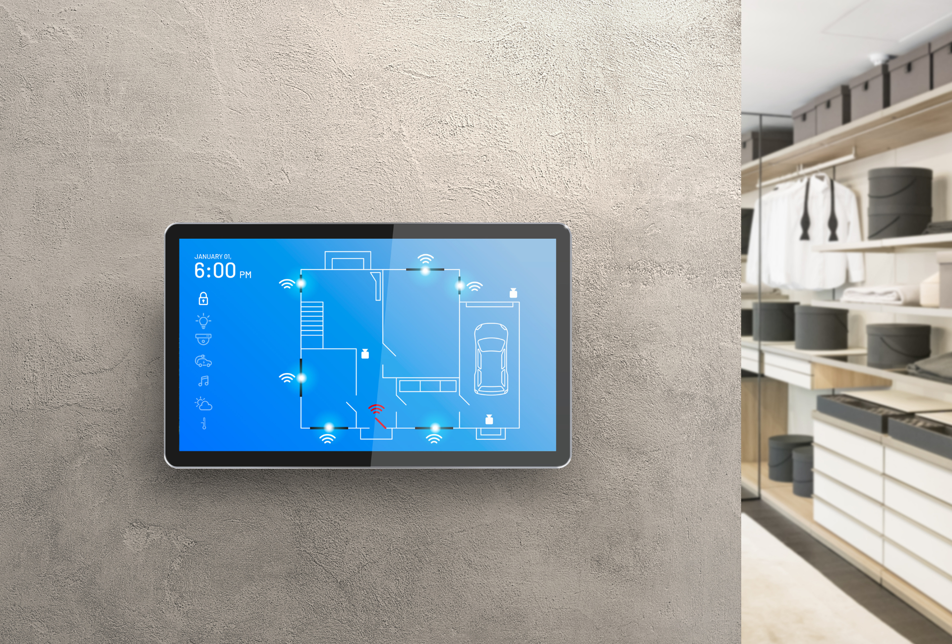 A monitor on a wall that says 6:03 on it